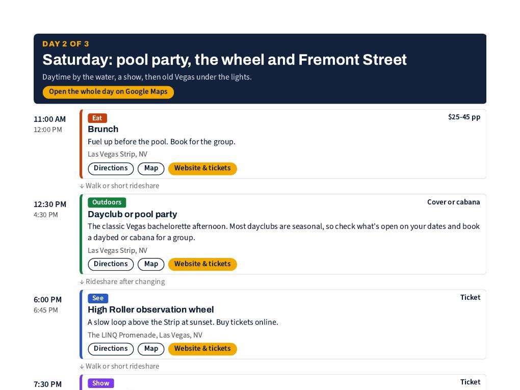 Page 4 of 6 of the Las Vegas Bachelorette Weekend Itinerary (Day 2 of 3): Saturday: pool party, the wheel and Fremont Street
