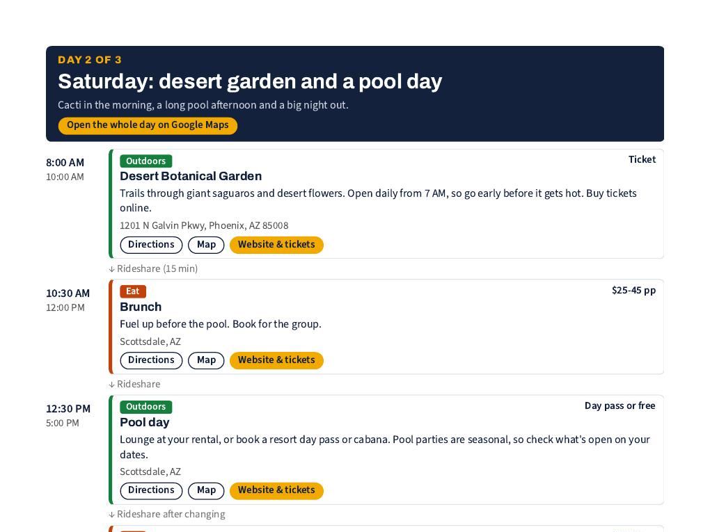 Page 4 of 6 of the Scottsdale Bachelorette Weekend Itinerary (Day 2 of 3): Saturday: desert garden and a pool day